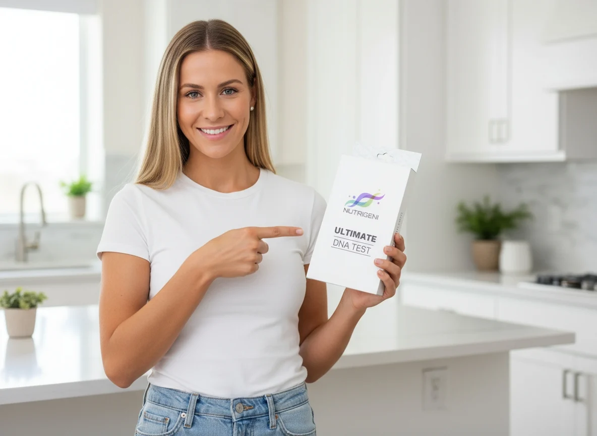 Smiling woman pointing to Nutrigeni Ultimate DNA Test kit in kitchen