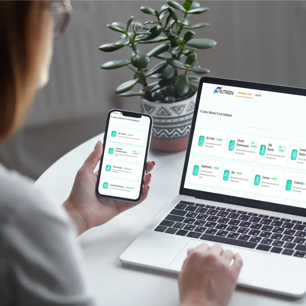 Person using nutrition app dashboard on smartphone and laptop
